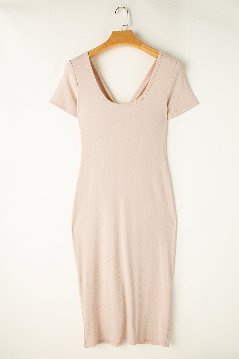 Beige V Neck Ruched Button Front French T-shirt Dress