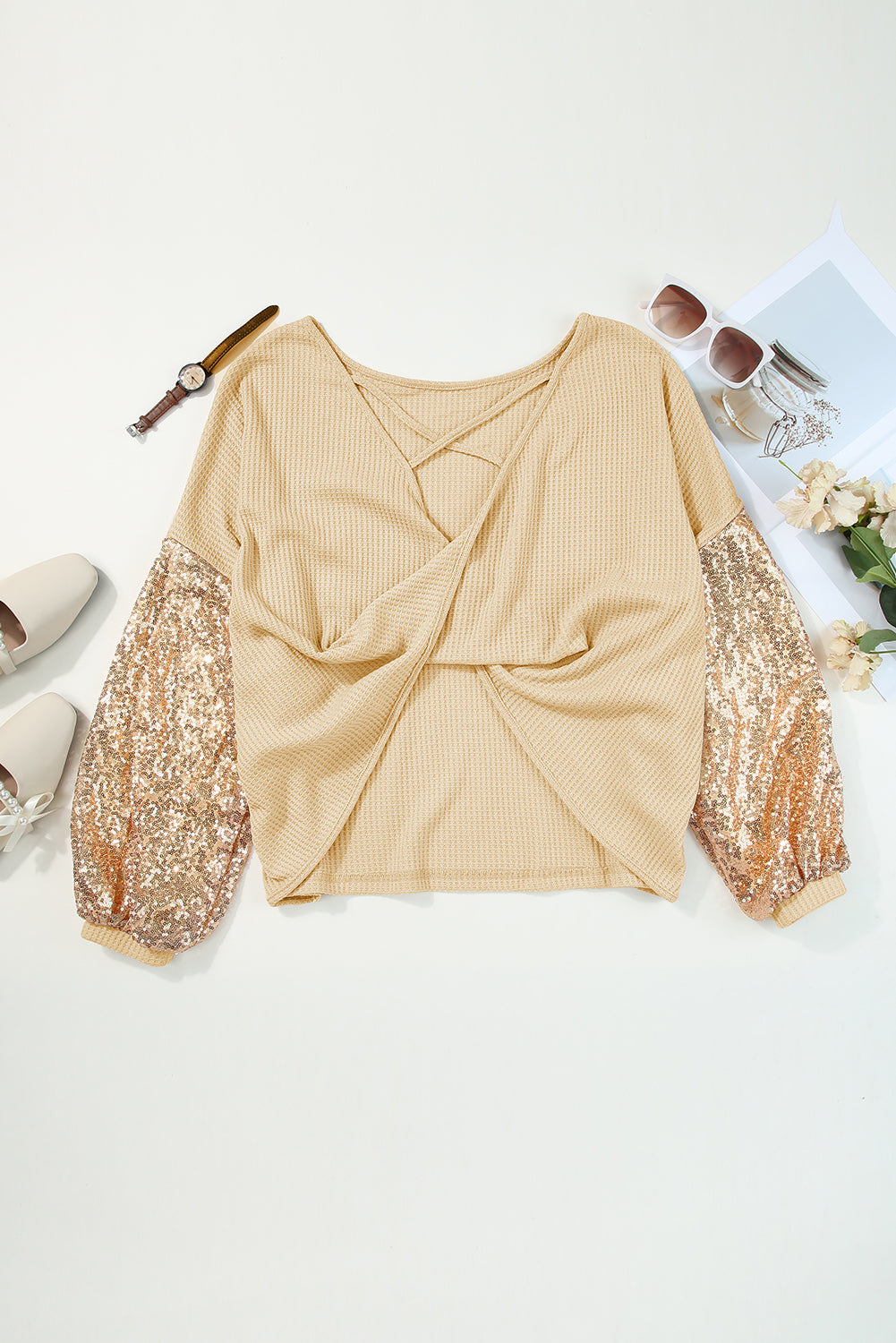 Apricot Sequin Patchwork Sleeve Open Back Waffle Knit Top