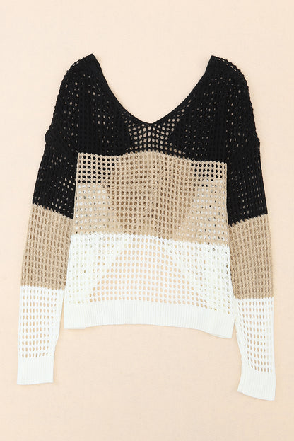 Black Color Block Eyelet Long Sleeve Twisted Back Knit Top