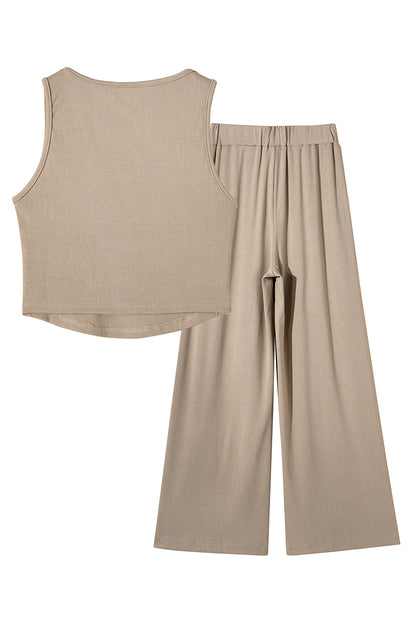 Parchment Textured Sleeveless Crop Top and Wide Leg Pants Outfit