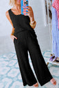 Black Crinkled U Neck Tank Top and Wide Leg Pants Set