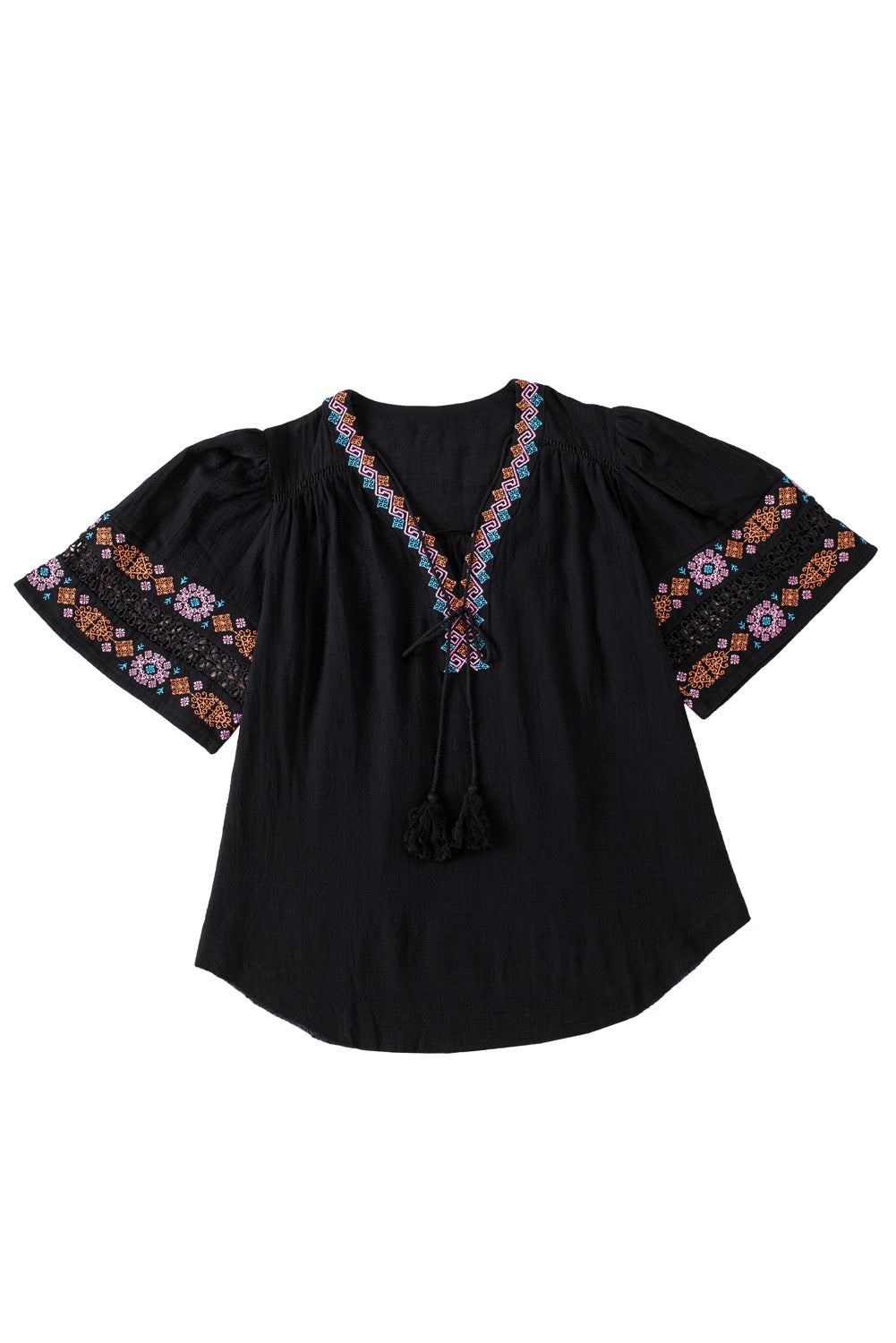 Black Tassel Drawstring Embroidered Half Sleeve V Neck Top