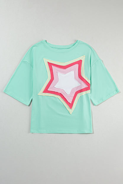 Moonlight Jade Colorblock Star Patched Half Sleeve Oversized Tee