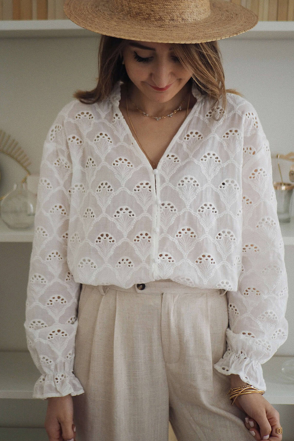 White Fanshaped Lace Hollow out Split Neck Puff Sleeve Blouse