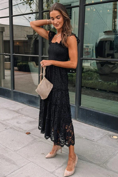 Black Lace Smocked Bodice Sleeveless Midi Dress