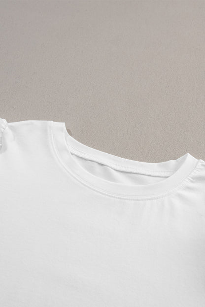 White Ruched Puff Sleeve Crew Neck Tee