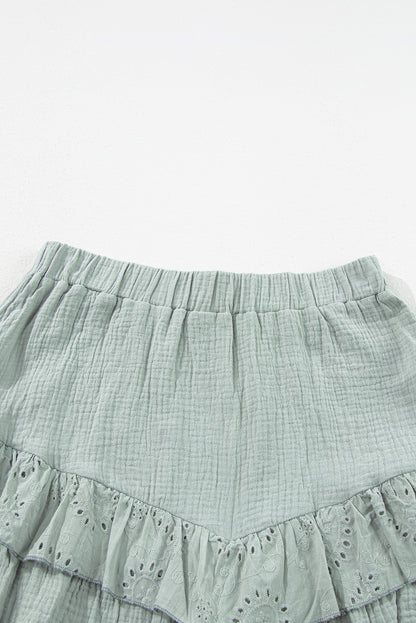 Mist Green Crinkled Eyelet Raglan Sleeve Top Ruffled Shorts Set