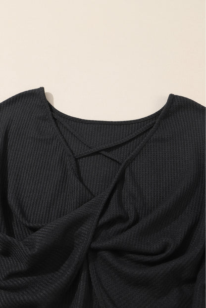 Black Sequin Patchwork Sleeve Open Back Waffle Knit Top