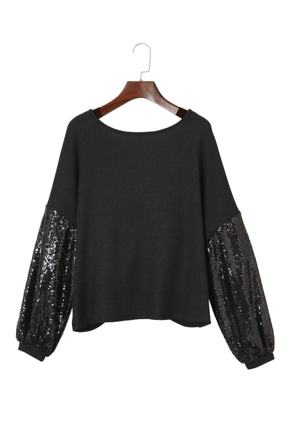 Black Sequin Patchwork Sleeve Open Back Waffle Knit Top