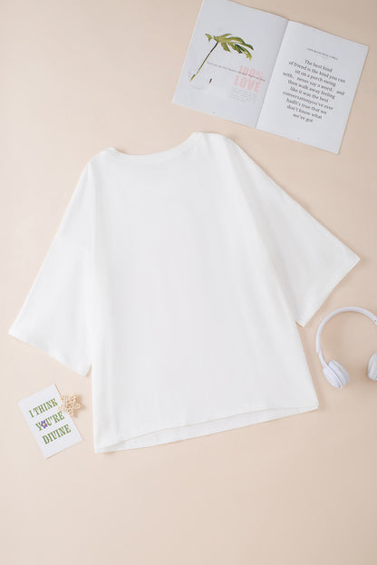 White Colorblock Star Patched Half Sleeve Oversized Tee