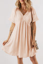 Beige Folded Short Sleeve Lace V Neck Mini Dress