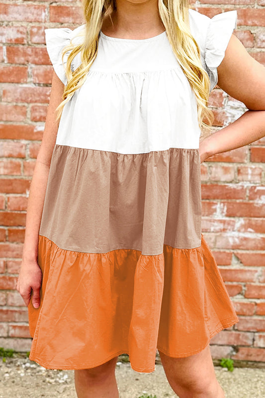 Apricot Colorblock Patchwork Ruffled Cap Sleeve Tiered Dress